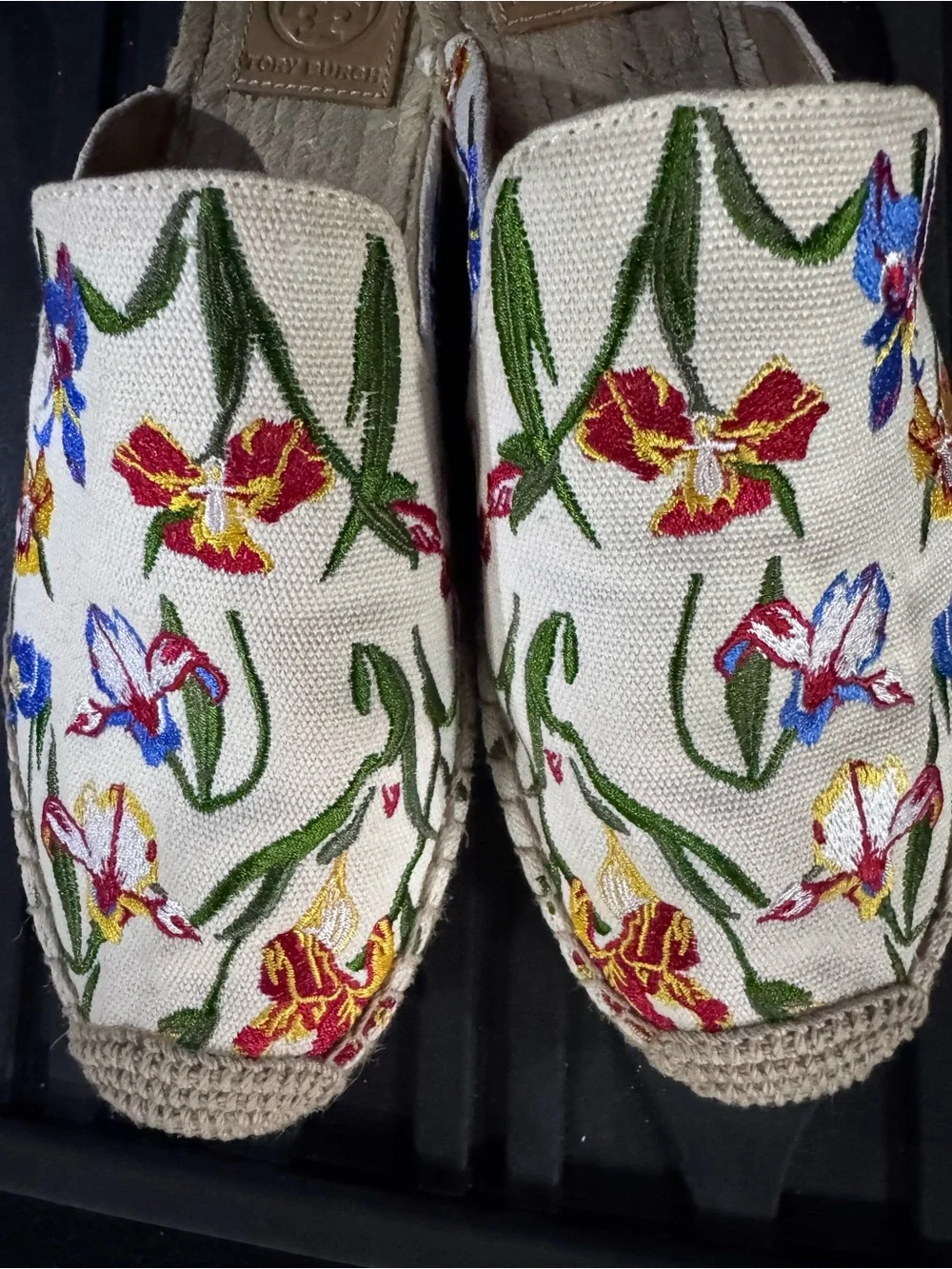Tory Burch Cream Canvas Floral Embroidered Espadrille Slip-On